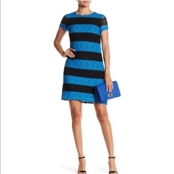 Maggy London Blue Striped Lace Sheath Dress Size 14 - Picture 1 of 7